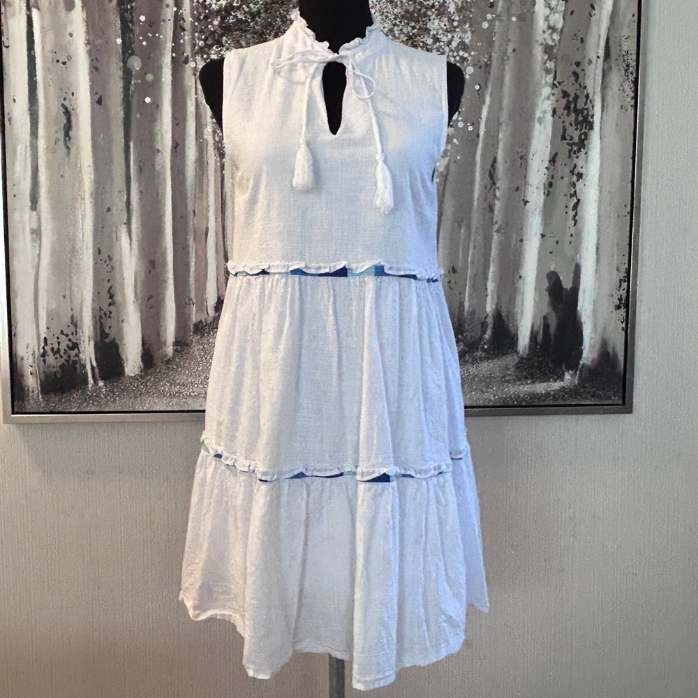J.Marie White Cotton Tiered Mini Dress Sleeveless Tassel Tie JM1777 Womens Small